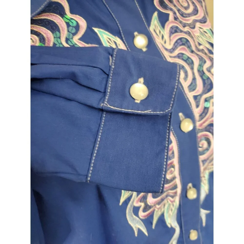 Vintage Bob Mackie Wearable Art Western Button Up Shirt Blue XL Embroidered Bows - Picture 5 of 15